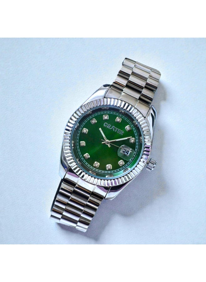 كريتر  ساعة كريتر (CRATER) للرجال – تصميم ملكي فاخر من الستانلس ستيل، مينا كلاسيكي مع عرض التاريخ، مقاومة للماء – تشمل علبة الماركة (فضي /أخضر). - Image 5